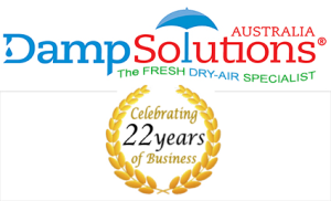 Damp Solutions logo with a gold laurel below that has 22years in business