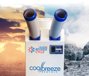 Workplace Reverse cycle portable air conditioner with hot and cold graphics, from Damp Solutions Australia